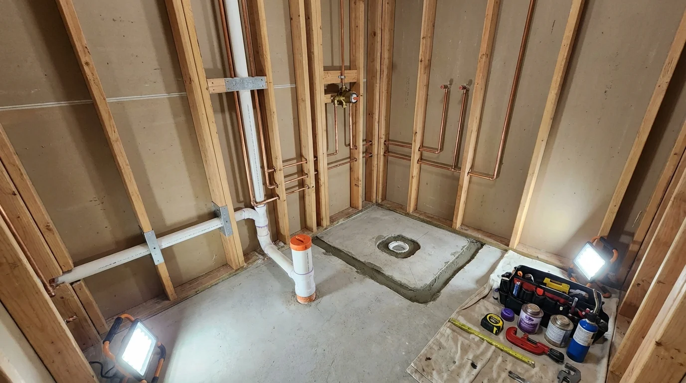 Bathroom rough-in plumbing during remodel by Johns Plumbing LLC in Roanoke Rapids
