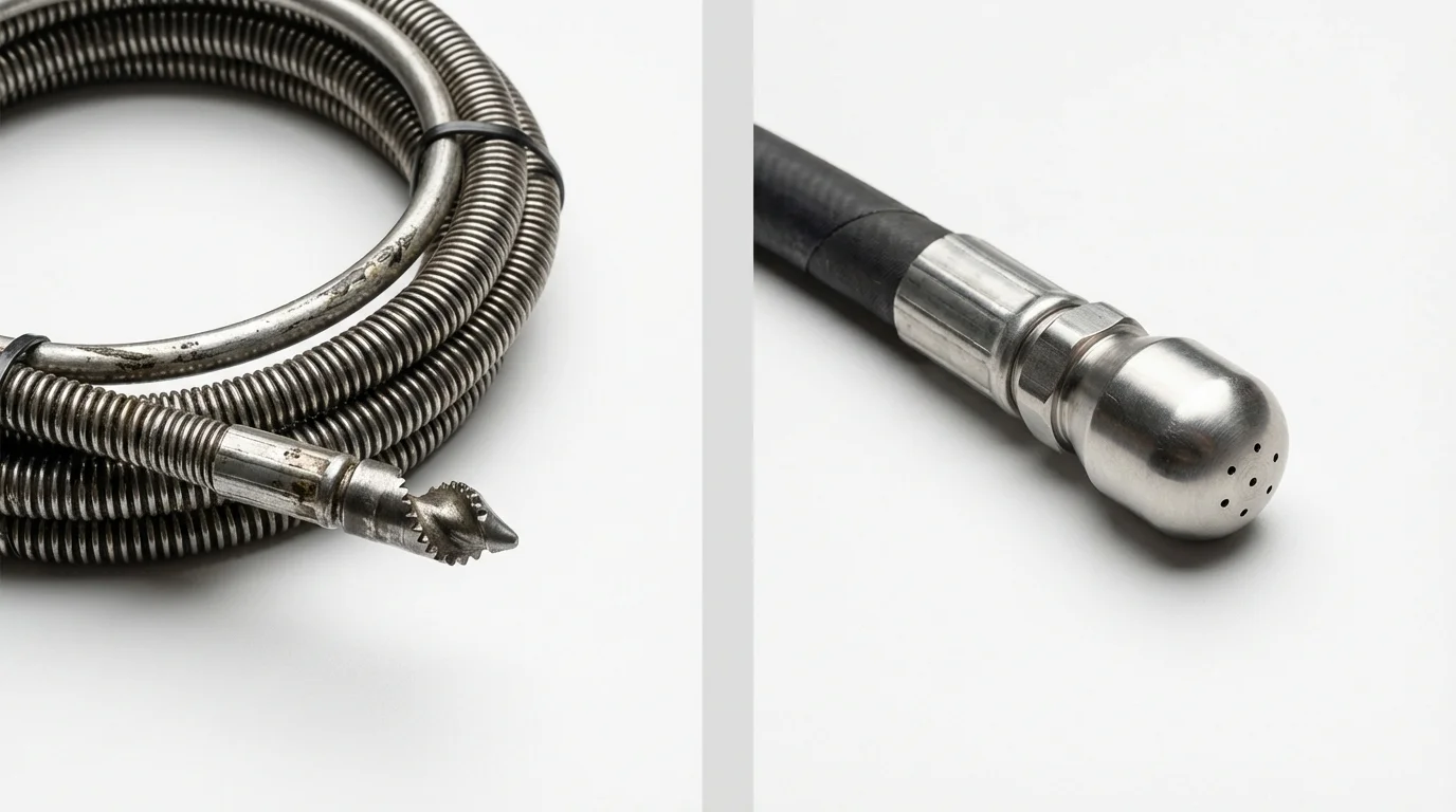 Drain snake cable and hydro jetting nozzle used for drain cleaning in Roanoke Rapids, NC