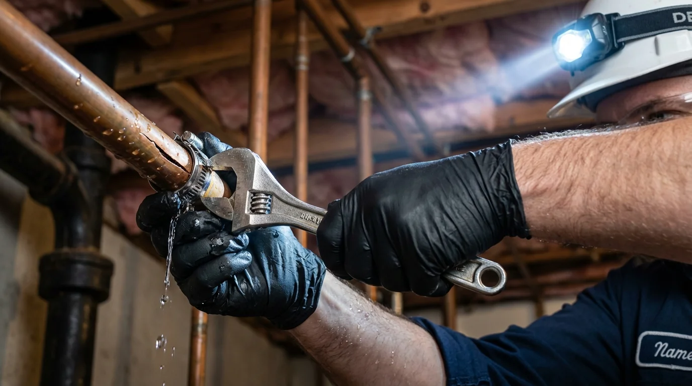 Emergency pipe clamp repair being performed by a Johns Plumbing LLC plumber in Roanoke Rapids