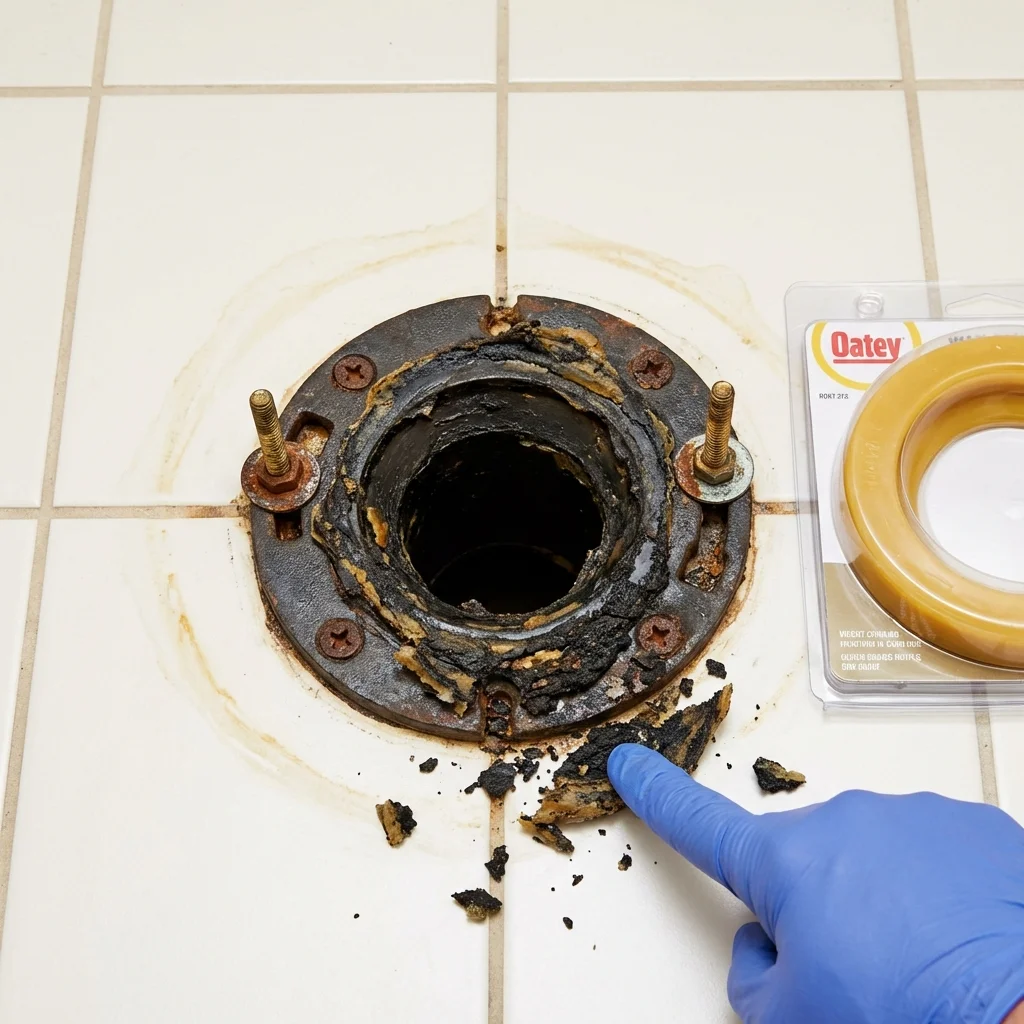 Failed wax ring showing water seepage at the base of a toilet in a Roanoke Rapids, NC home