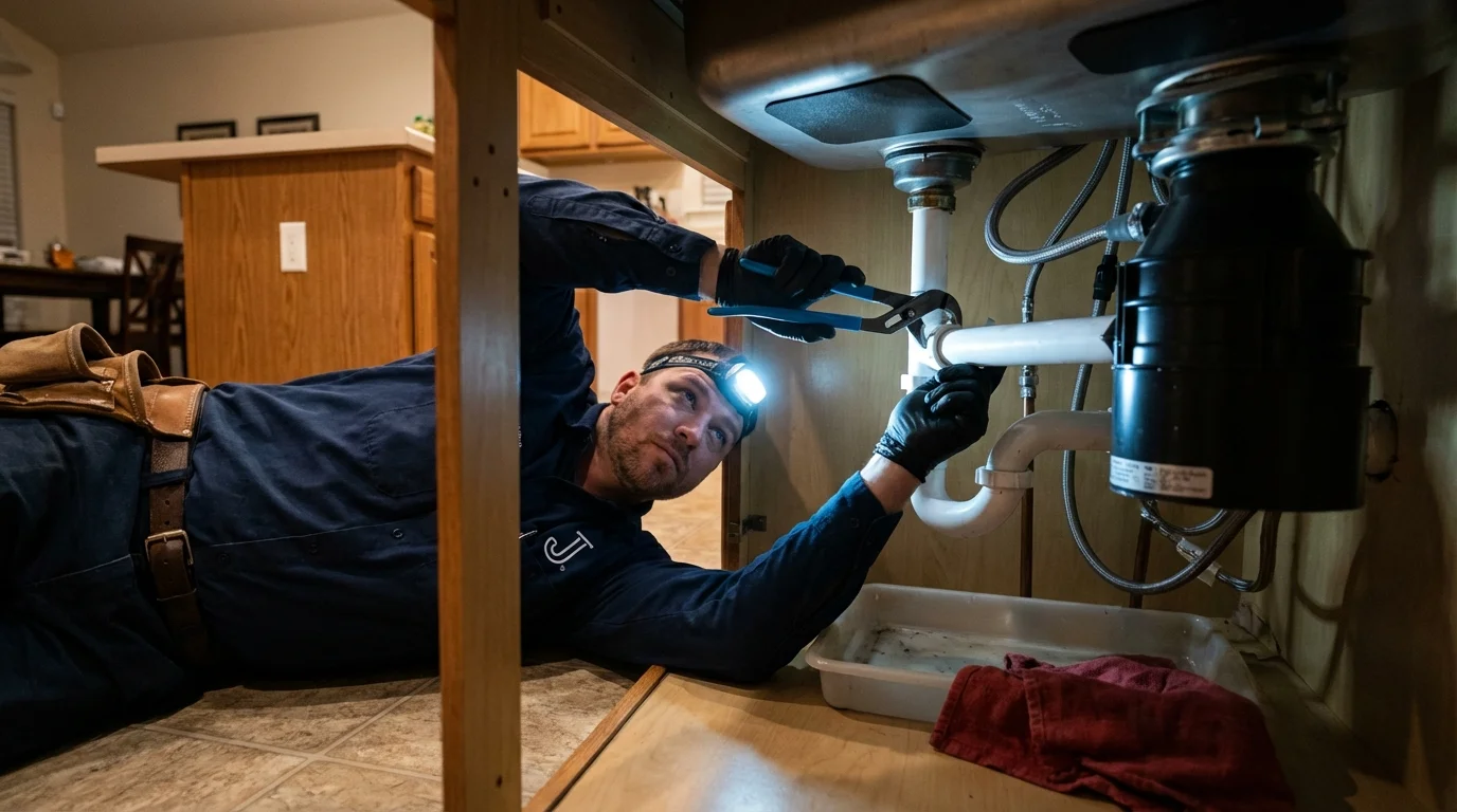 P-trap and supply line connections under a kitchen sink showing a common leak point in Roanoke Rapids, NC
